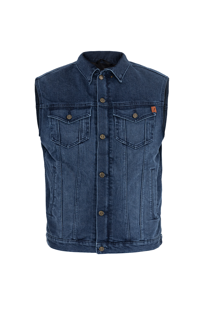 Blue denim vest with button details on a white background