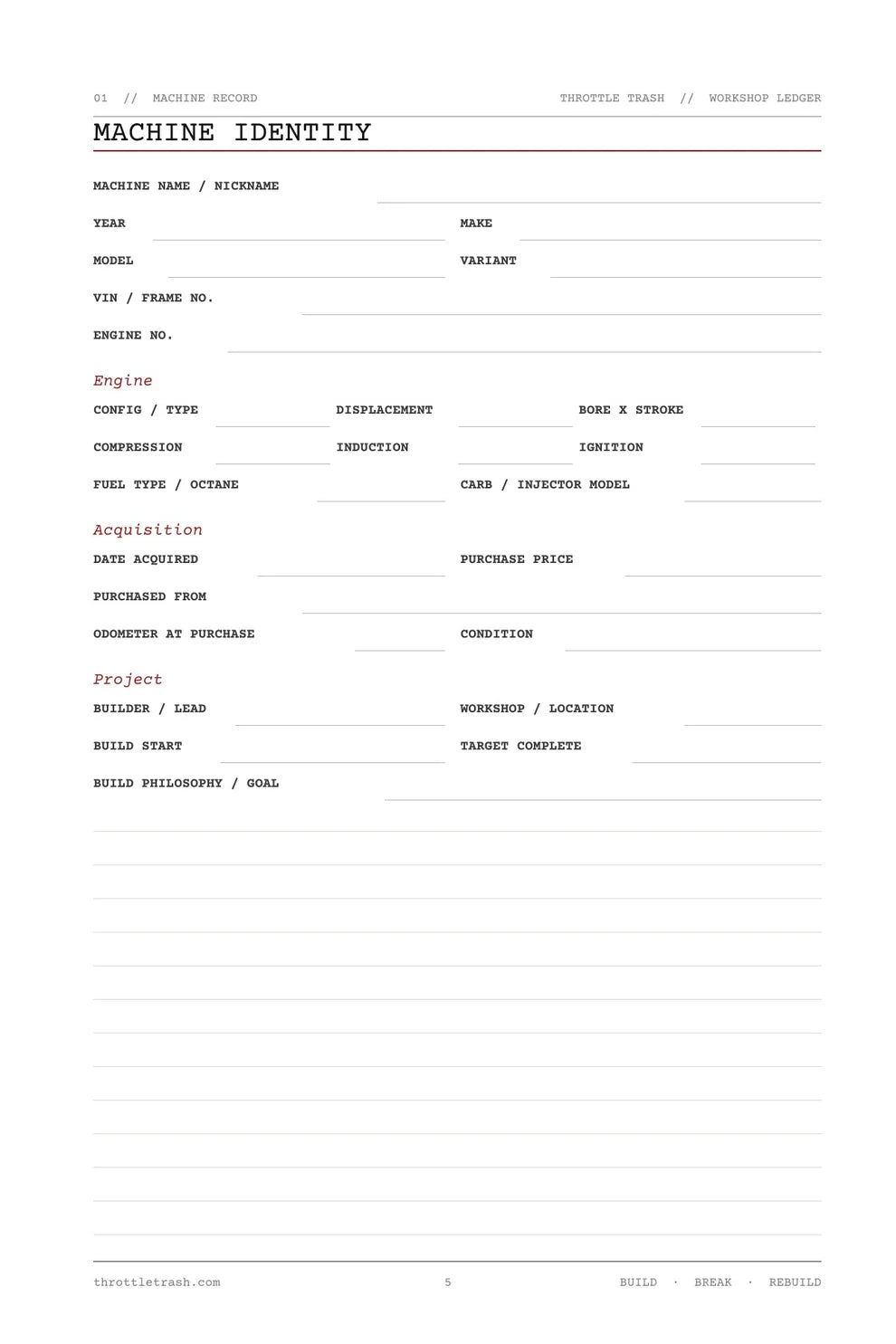 Workshop Ledger - Digital PDF Download