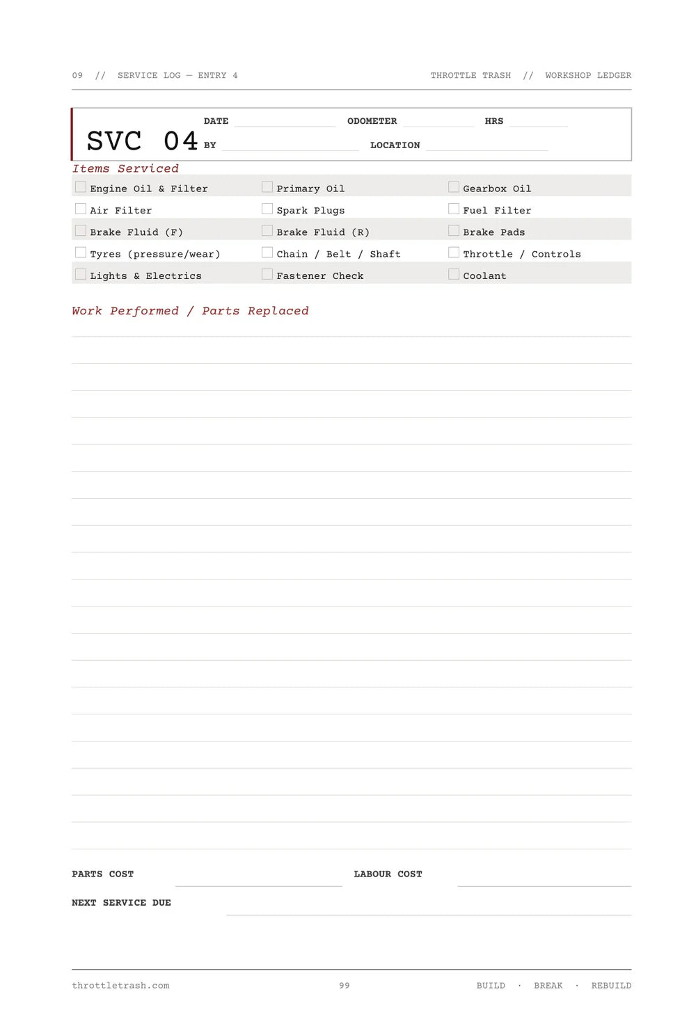 Workshop Ledger - Digital PDF Download