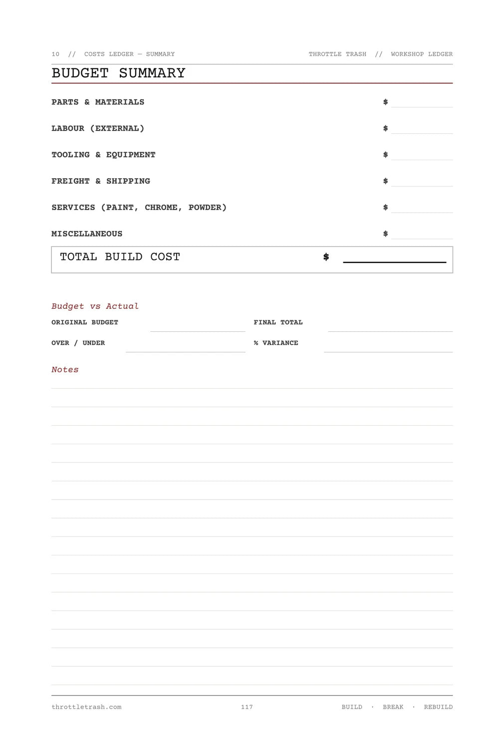 Workshop Ledger - Digital PDF Download