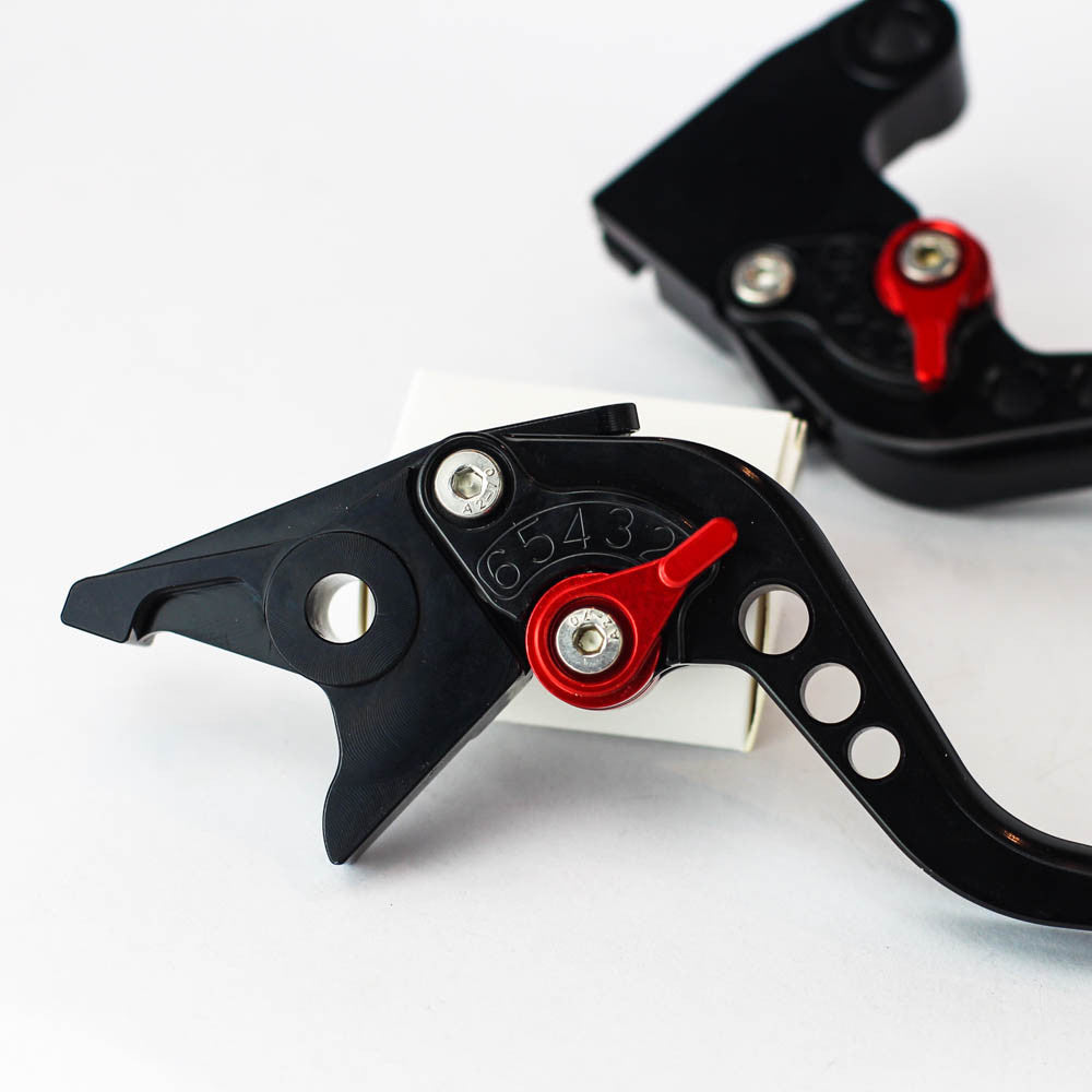 Short CNC Triumph Brake Levers Black and Red adjuster